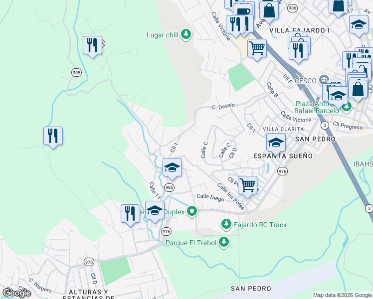 map of restaurants, bars, coffee shops, grocery stores, and more near 349 Calle Vista Hermosa in Fajardo