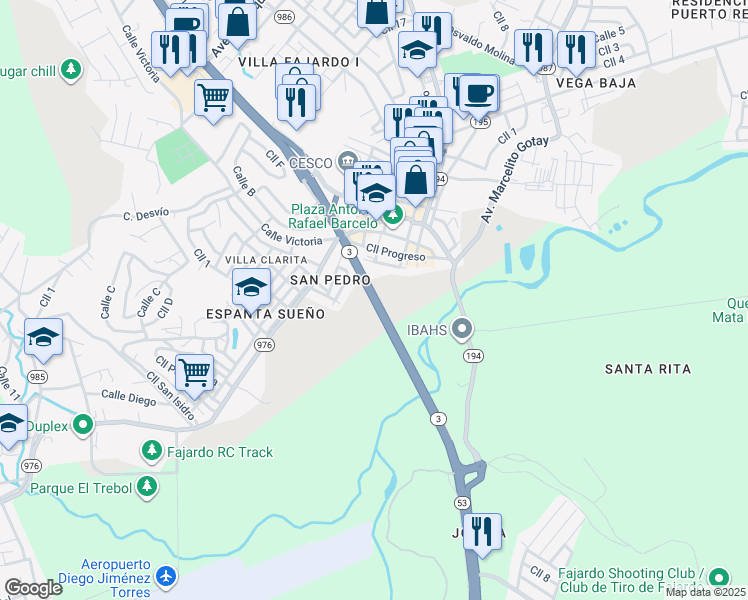 map of restaurants, bars, coffee shops, grocery stores, and more near Highway 3 in Fajardo