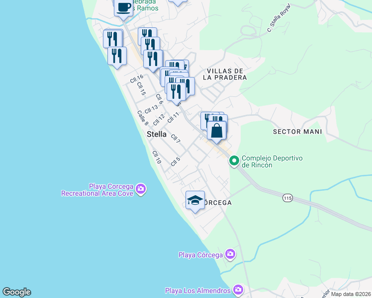 map of restaurants, bars, coffee shops, grocery stores, and more near 3183-3207 Cll 7 in Aguada