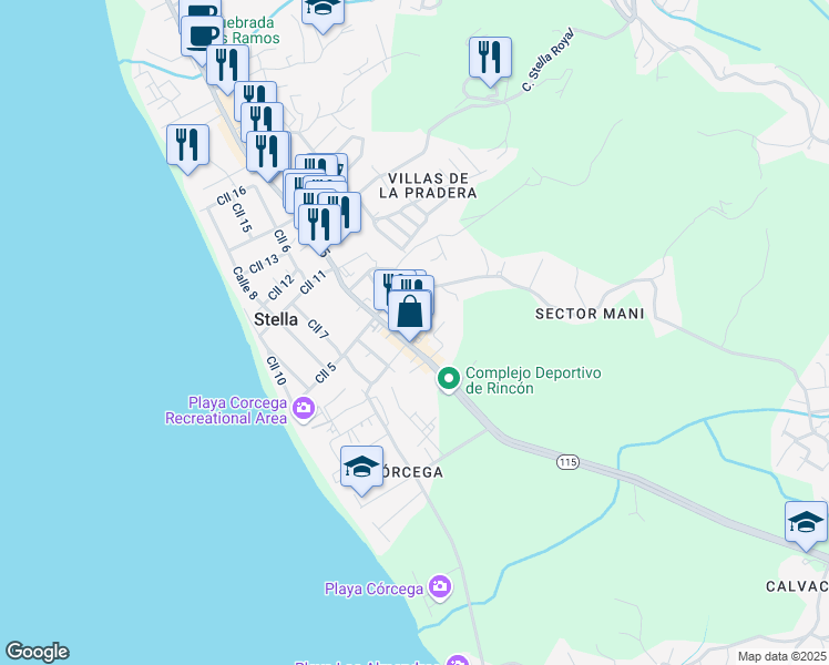 map of restaurants, bars, coffee shops, grocery stores, and more near 115 Km 11.0 Puerto Rico 115 in Aguada