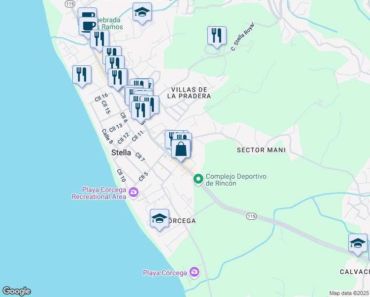 map of restaurants, bars, coffee shops, grocery stores, and more near 115 Highway 115 in Aguada