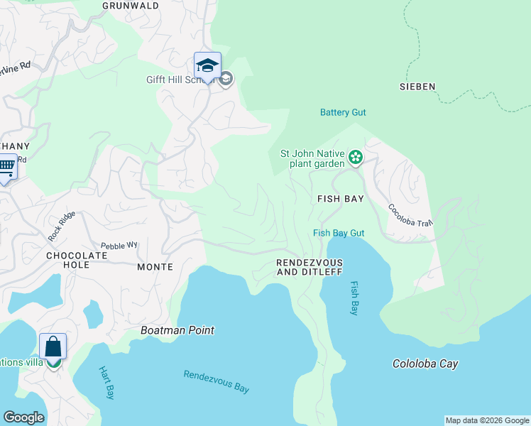 map of restaurants, bars, coffee shops, grocery stores, and more near Point Rendevous in Cruz Bay