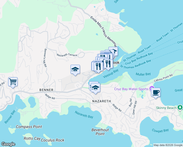 map of restaurants, bars, coffee shops, grocery stores, and more near Smith Bay Rd in East End