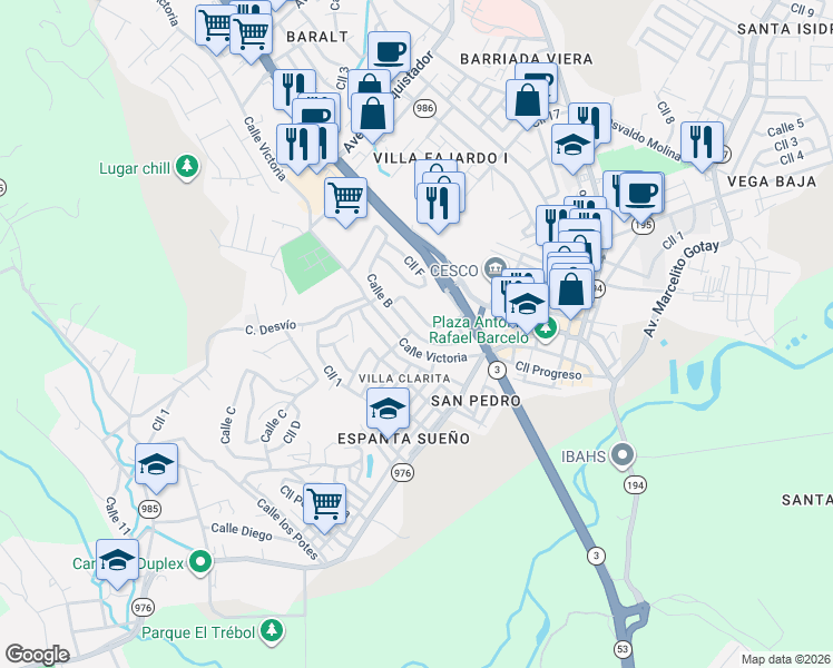 map of restaurants, bars, coffee shops, grocery stores, and more near Calle A in Fajardo