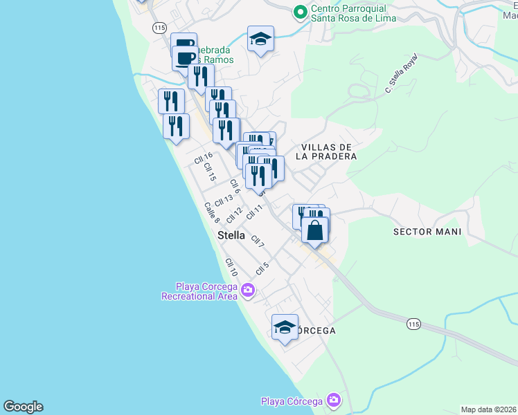 map of restaurants, bars, coffee shops, grocery stores, and more near 16 Highway 115 in Aguada
