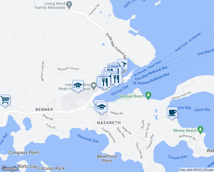 map of restaurants, bars, coffee shops, grocery stores, and more near Smith Bay Road in East End