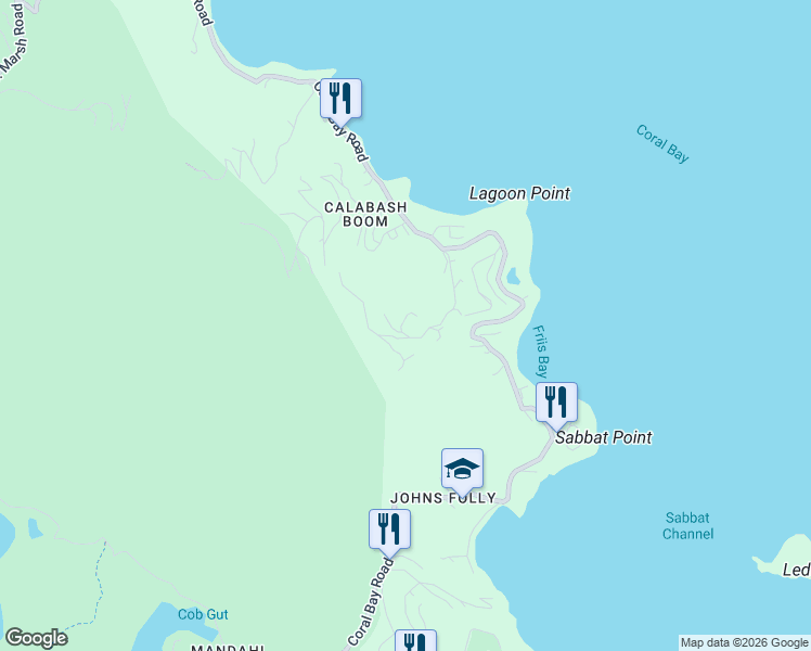 map of restaurants, bars, coffee shops, grocery stores, and more near Old Big Hill Road in Coral Bay
