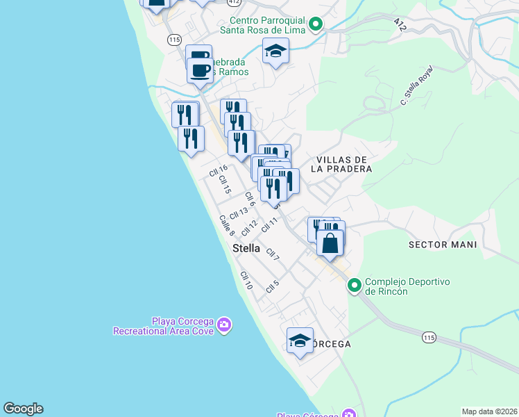 map of restaurants, bars, coffee shops, grocery stores, and more near 37-55 Calle 6 in Aguada