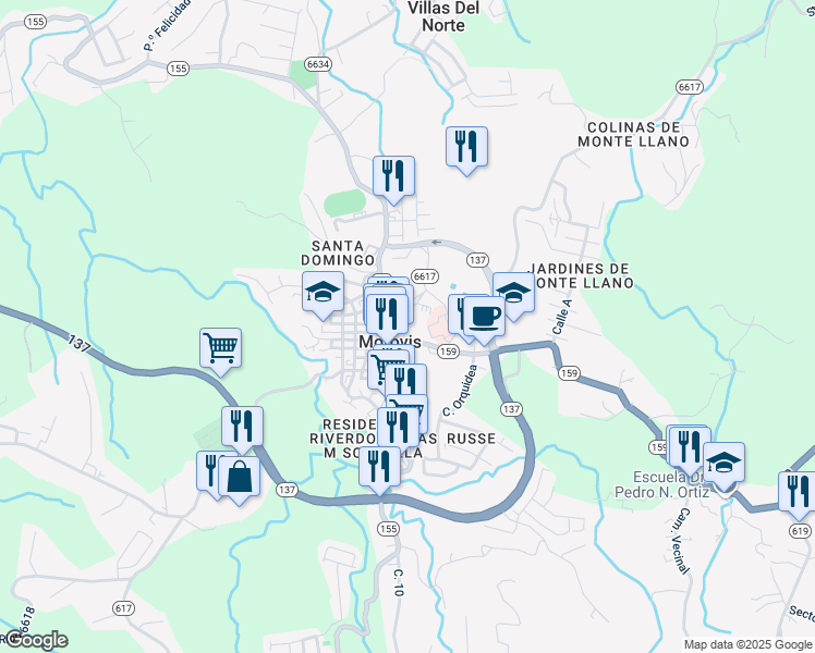 map of restaurants, bars, coffee shops, grocery stores, and more near 18 Puerto Rico 159 in Morovis