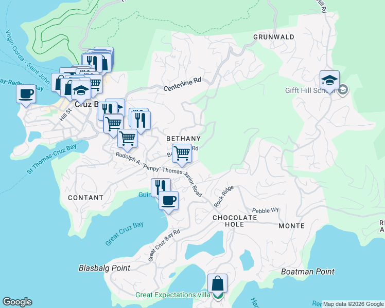 map of restaurants, bars, coffee shops, grocery stores, and more near in Cruz Bay
