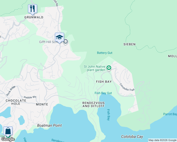map of restaurants, bars, coffee shops, grocery stores, and more near 2367 Pelican Road in Cruz Bay