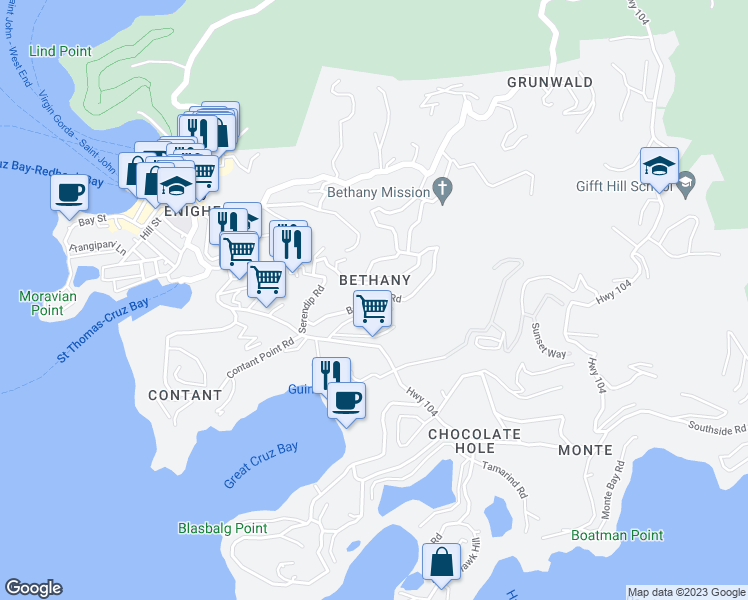 map of restaurants, bars, coffee shops, grocery stores, and more near Beth Cruz Road in Cruz Bay