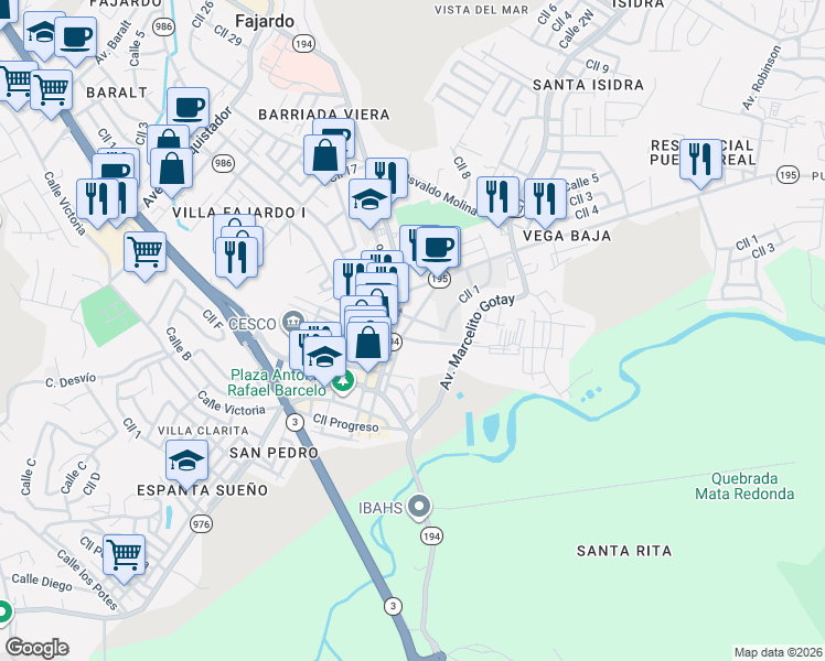 map of restaurants, bars, coffee shops, grocery stores, and more near 100-198 Calle Federico Garcia in Fajardo