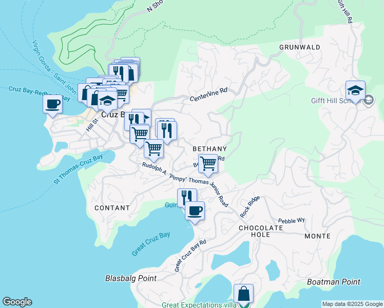 map of restaurants, bars, coffee shops, grocery stores, and more near Beth Cruz Road in Cruz Bay
