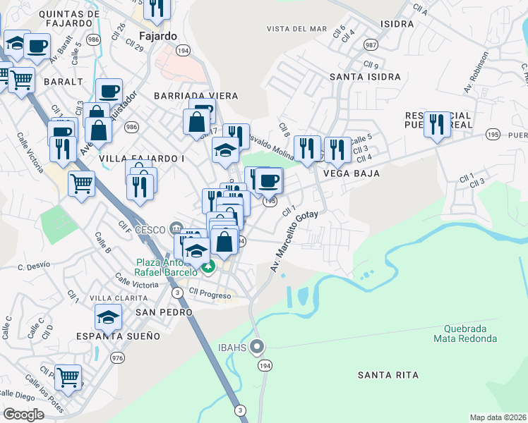 map of restaurants, bars, coffee shops, grocery stores, and more near in Fajardo