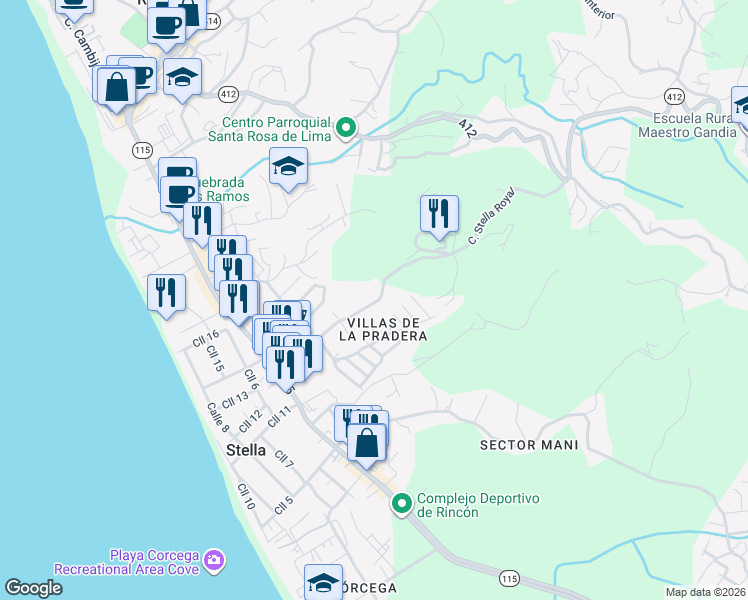 map of restaurants, bars, coffee shops, grocery stores, and more near Villas de La Pradera in Rincón