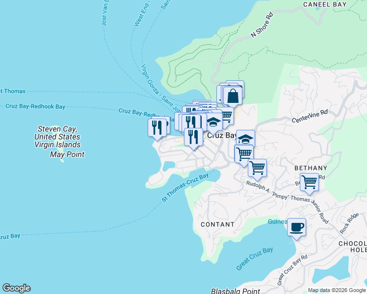 map of restaurants, bars, coffee shops, grocery stores, and more near in Cruz Bay