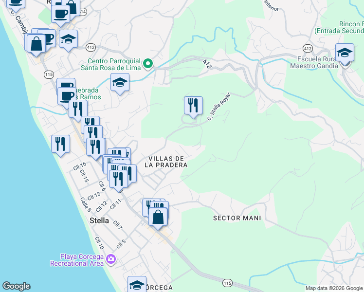 map of restaurants, bars, coffee shops, grocery stores, and more near 183 Calle Zorzal in Rincón