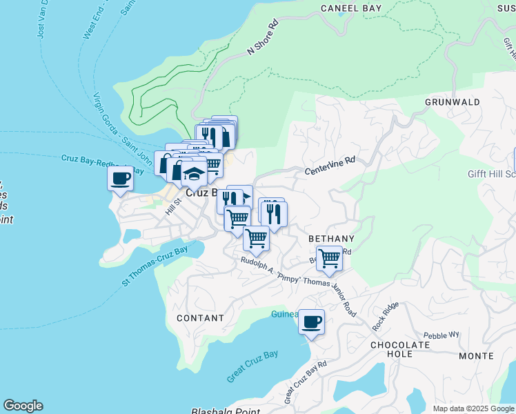 map of restaurants, bars, coffee shops, grocery stores, and more near Allamanda Place in Cruz Bay