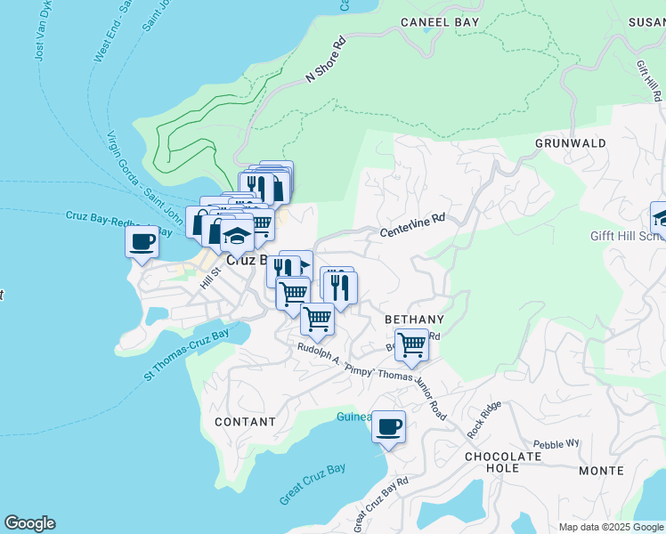 map of restaurants, bars, coffee shops, grocery stores, and more near Allamanda Place in Cruz Bay