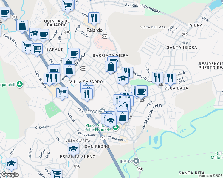 map of restaurants, bars, coffee shops, grocery stores, and more near 20 Avenue A in Fajardo