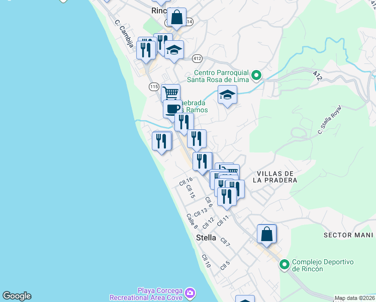 map of restaurants, bars, coffee shops, grocery stores, and more near 16 Puerto Rico 115 in Aguada