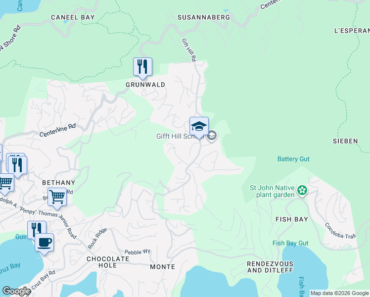 map of restaurants, bars, coffee shops, grocery stores, and more near 1456 Fork-in-de Road in Cruz Bay