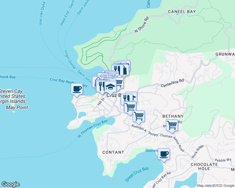 map of restaurants, bars, coffee shops, grocery stores, and more near Highway 10 in Cruz Bay
