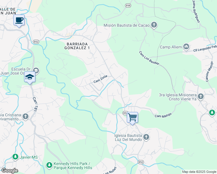 map of restaurants, bars, coffee shops, grocery stores, and more near Camino Xiomara in Quebrada Grande