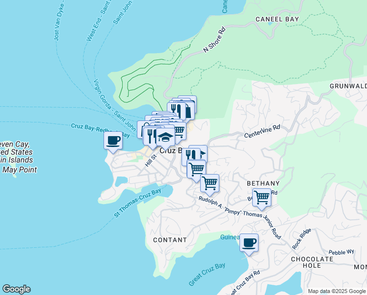 map of restaurants, bars, coffee shops, grocery stores, and more near in Cruz Bay
