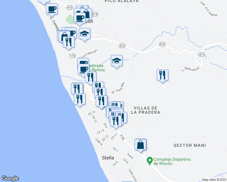 map of restaurants, bars, coffee shops, grocery stores, and more near Avenida Vista Mar in Pueblo