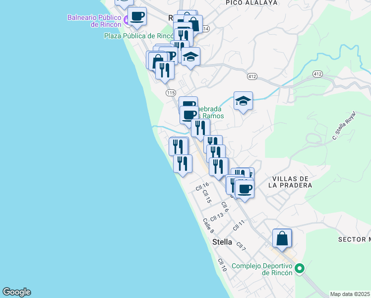 map of restaurants, bars, coffee shops, grocery stores, and more near 26 Sea Beach Drive in Rincon