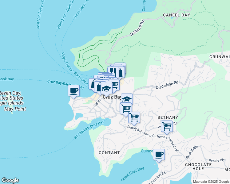 map of restaurants, bars, coffee shops, grocery stores, and more near Highway 10 in Cruz Bay