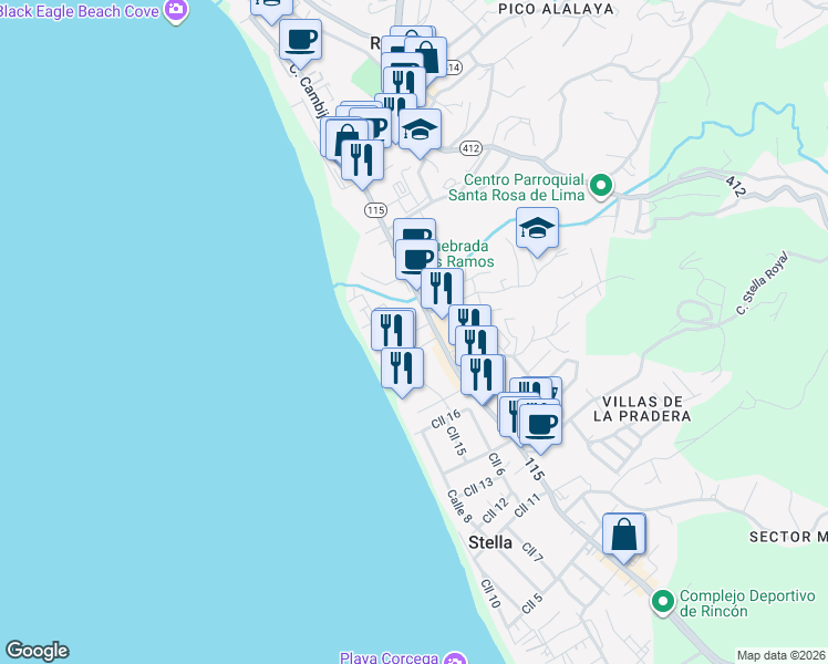 map of restaurants, bars, coffee shops, grocery stores, and more near 26 Sea Beach Drive in Rincon