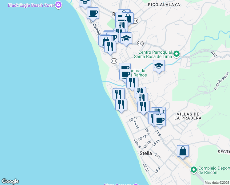map of restaurants, bars, coffee shops, grocery stores, and more near 26 Sea Beach Drive in Rincon