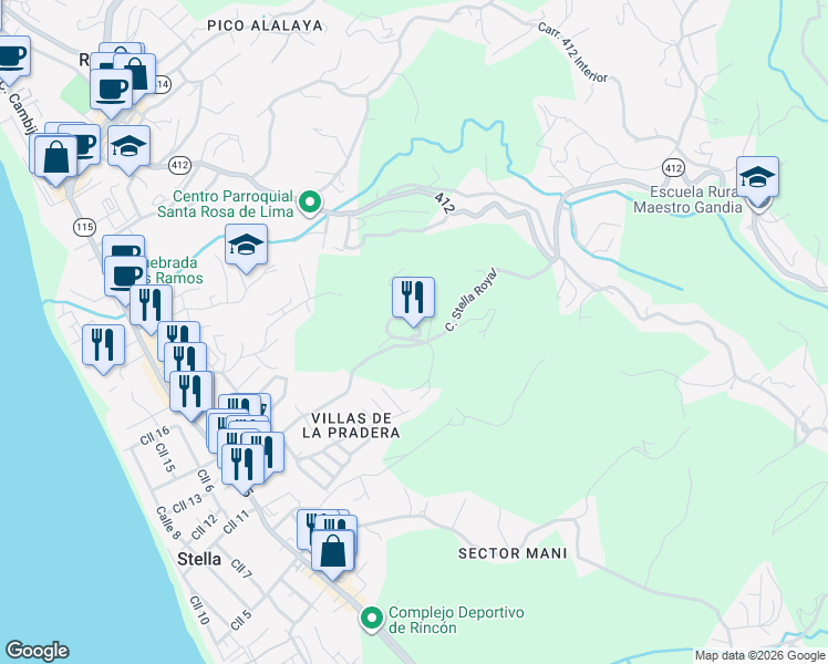 map of restaurants, bars, coffee shops, grocery stores, and more near Villas de La Pradera in Rincón