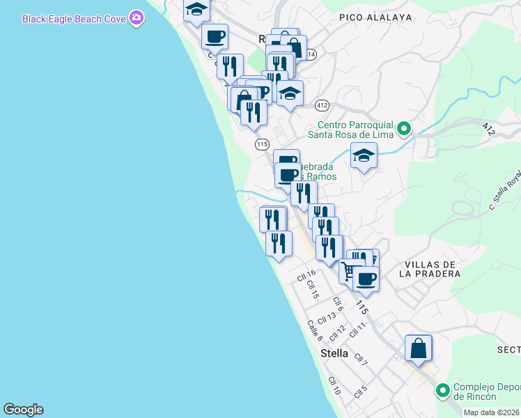 map of restaurants, bars, coffee shops, grocery stores, and more near Canal Avenue in Aguada
