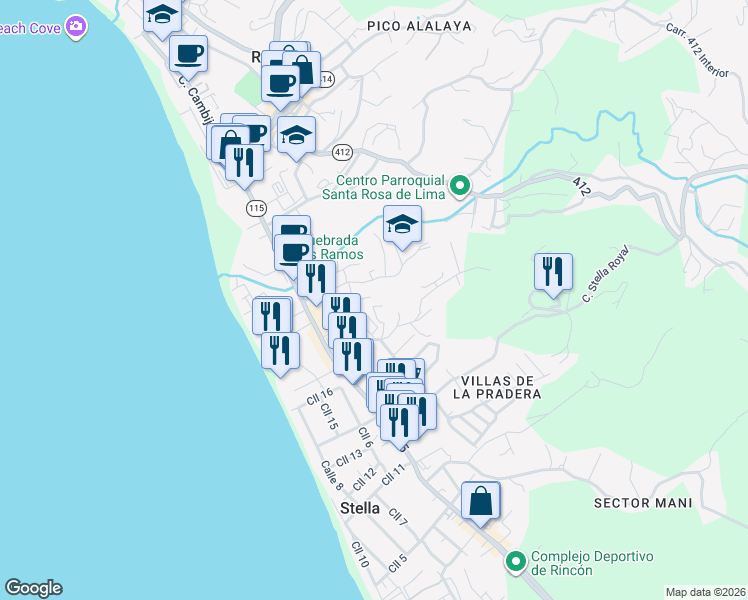 map of restaurants, bars, coffee shops, grocery stores, and more near Avenida Dr Albizu Campos in Aguada