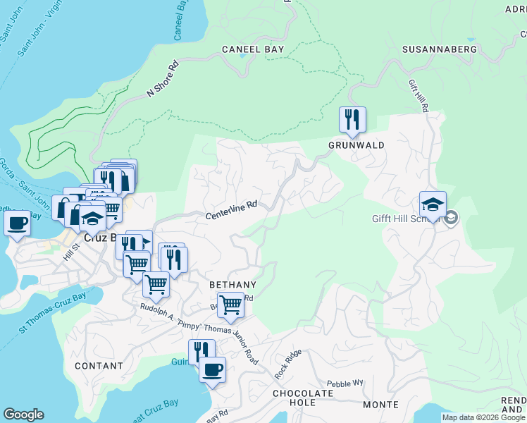 map of restaurants, bars, coffee shops, grocery stores, and more near in Cruz Bay