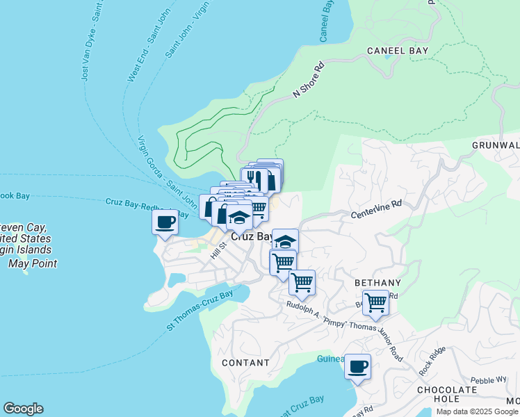 map of restaurants, bars, coffee shops, grocery stores, and more near Highway 10 in Cruz Bay
