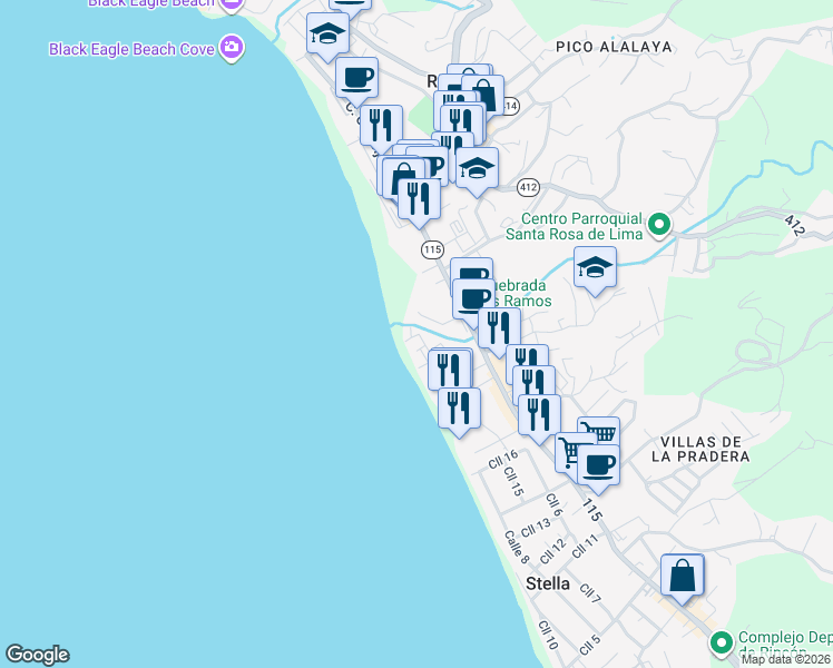 map of restaurants, bars, coffee shops, grocery stores, and more near Canal Avenue in Aguada