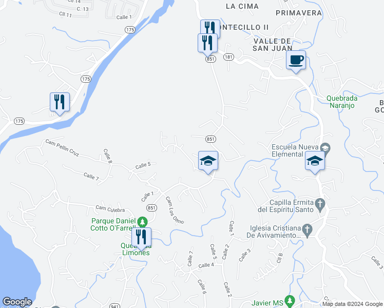 map of restaurants, bars, coffee shops, grocery stores, and more near Camino Cruz Aleman in La Gloria