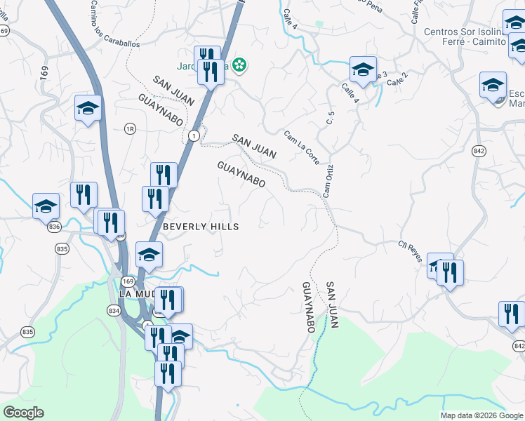 map of restaurants, bars, coffee shops, grocery stores, and more near Camino La Roca in San Juan