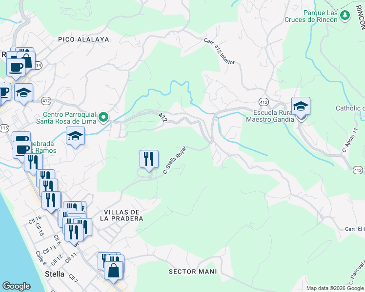 map of restaurants, bars, coffee shops, grocery stores, and more near Highway 412 in Aguada