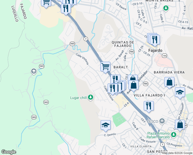 map of restaurants, bars, coffee shops, grocery stores, and more near 1 Avenida Baralt in Fajardo