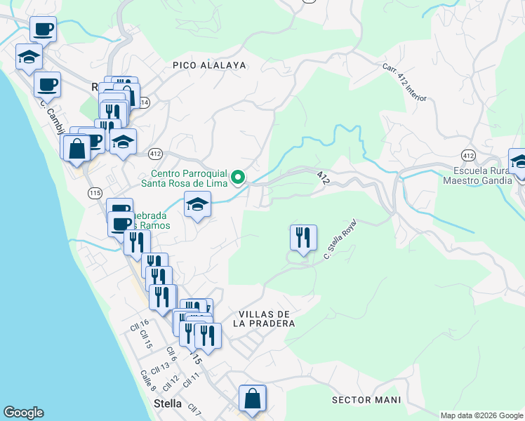 map of restaurants, bars, coffee shops, grocery stores, and more near Avenida Vista Mar in Aguada