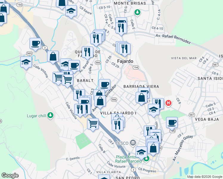 map of restaurants, bars, coffee shops, grocery stores, and more near Avenida A in Fajardo