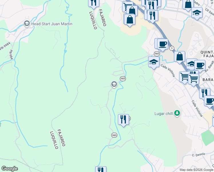 map of restaurants, bars, coffee shops, grocery stores, and more near Puerto Rico 985 in Fajardo