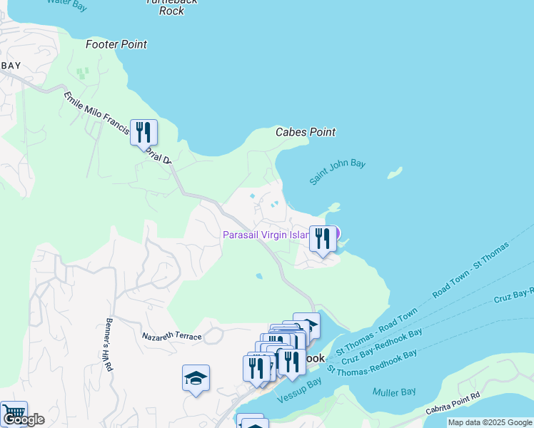 map of restaurants, bars, coffee shops, grocery stores, and more near 6720 Smith Bay Road in East End