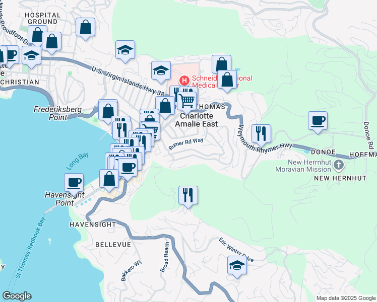 map of restaurants, bars, coffee shops, grocery stores, and more near in Charlotte Amalie East